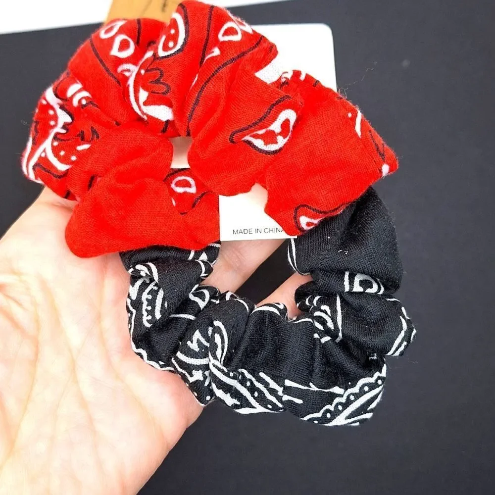 Red and black Paisley scrunchies bandana pattern hair ties